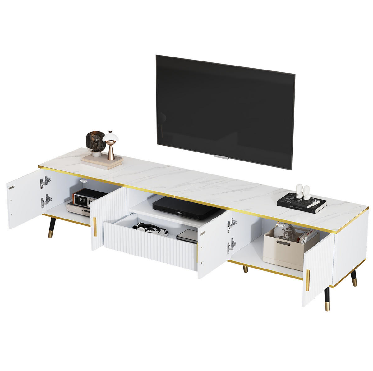 TV-SCHRANK 200/40/46 cm weiß mit Marmoroptik mit 2 Türen und 1 Schublade - Weiß, Holzwerkstoff (200/46/40cm) - OKWISH