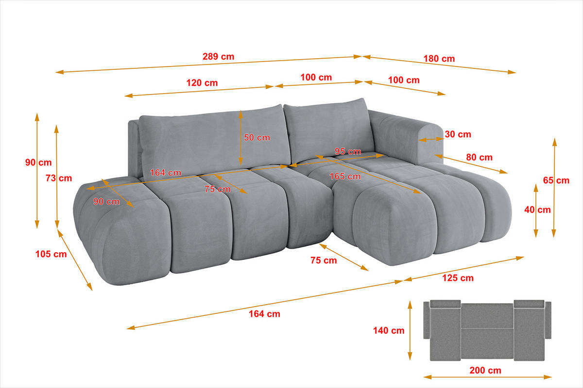 ECKSOFA Ottomane Rechts CLOUD-L 289x180x40 Hellgrau Velours - Hellgrau, Holzwerkstoff/Kunststoff (289/180cm) - ALTDECOR