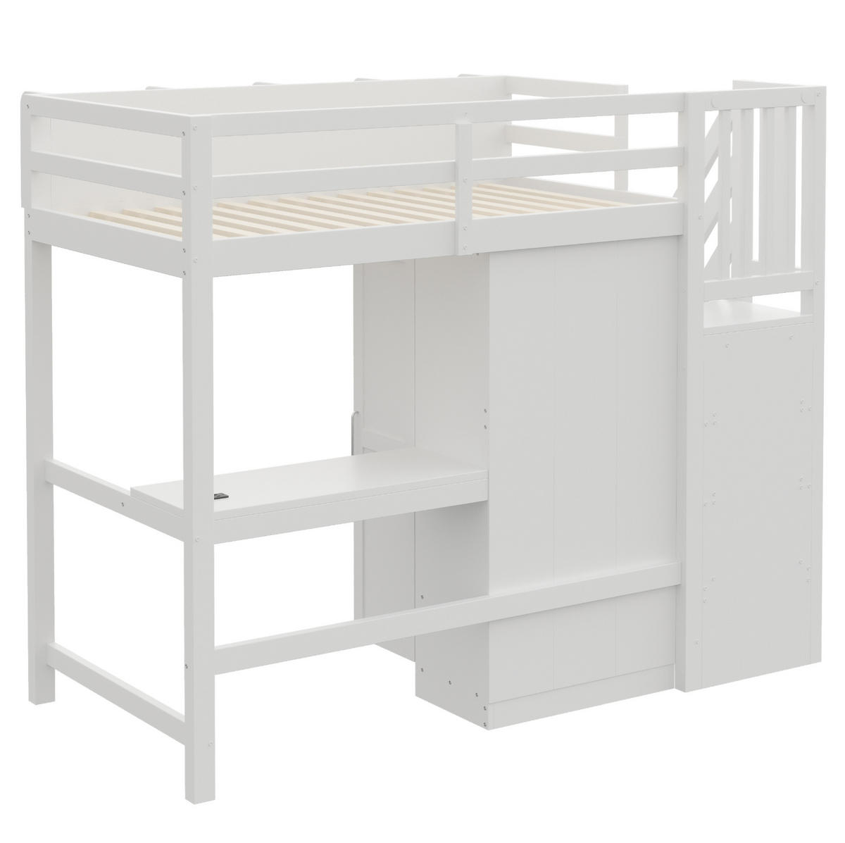HOCHBETT 90x200 cm in Weiß mit Schreibtisch, Kleiderschrank, LED und Stauraumtreppe - Weiß, Holz (90/200cm) - IVMEU
