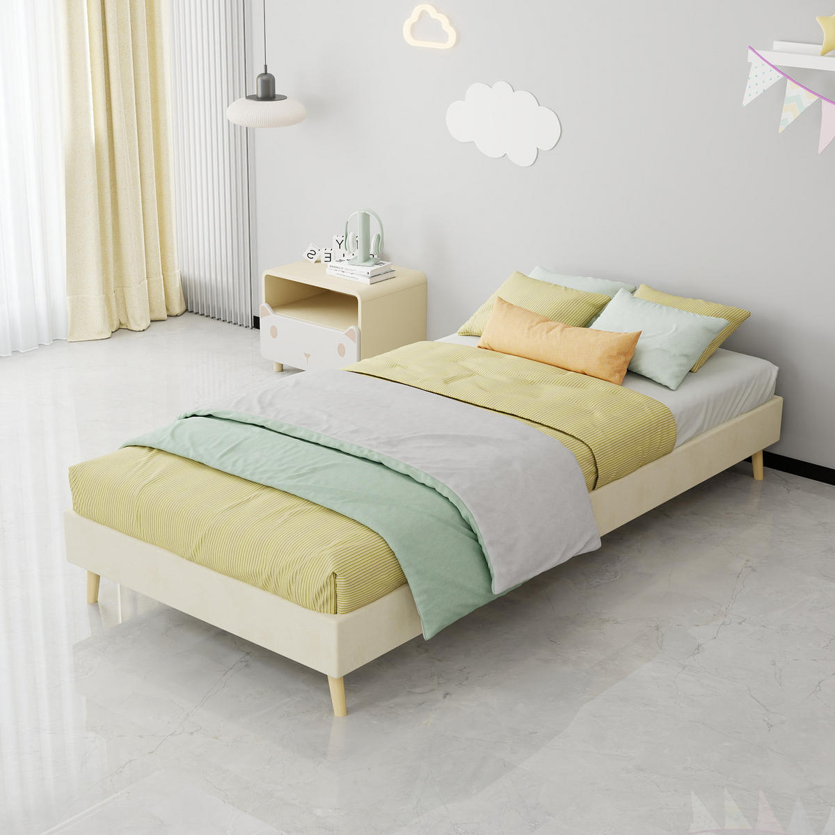 KINDERBETT 90/200 cm in Beige mit Bettkasten Stoff - Beige/Naturfarben, Holzwerkstoff/Textil (90/200cm) - STILVORA