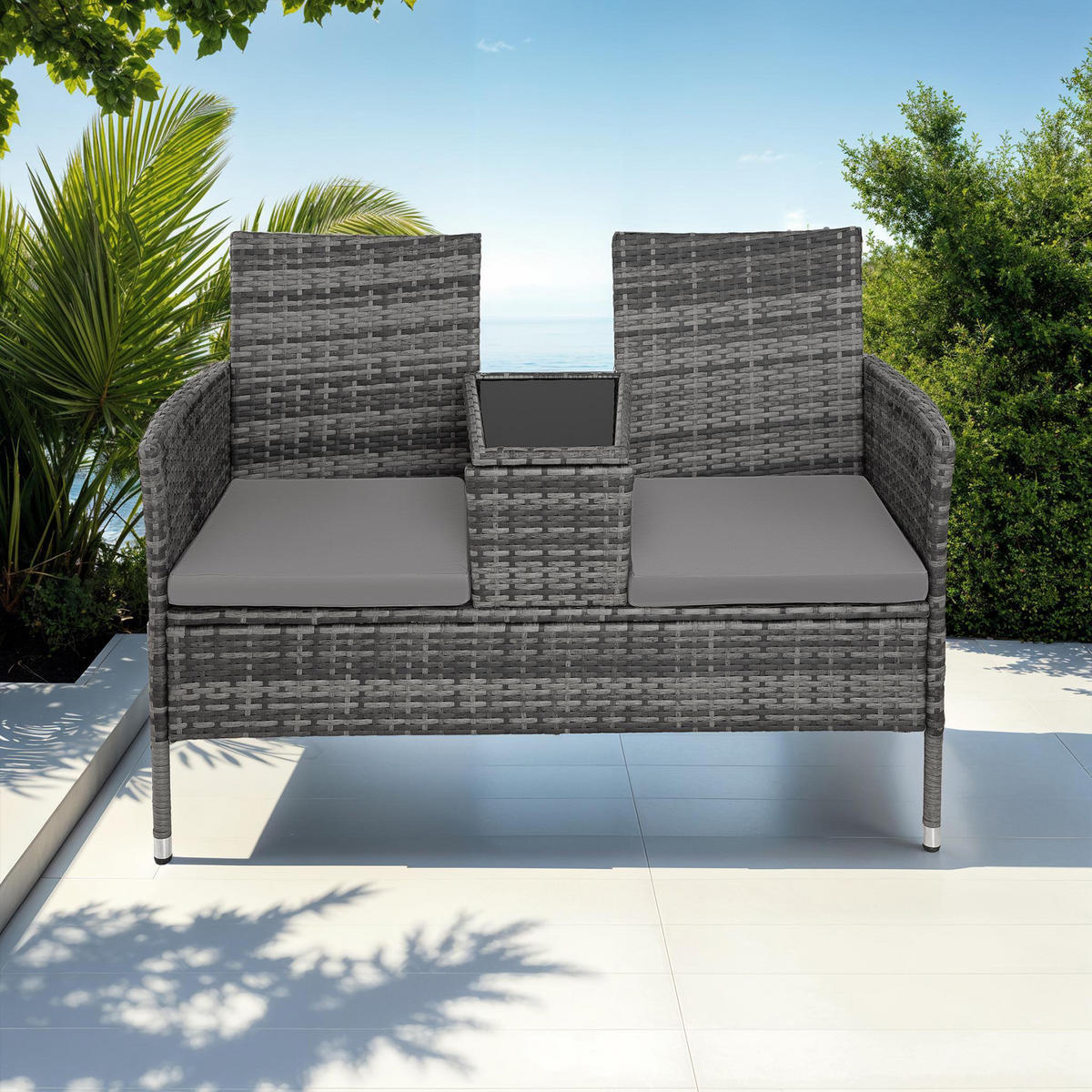 RATTAN GARTENSITZBANK Narbonne,131 x 59 x 82 cm,grau/hellgrau - Grau, Kunststoff (61/82/131cm) - tectake