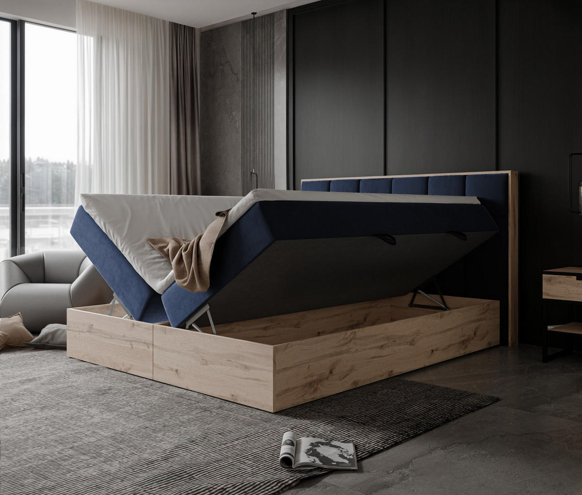 BOXBETT LAVIO II 160/200 cm, in Marineblau, mit Matratze und Topper - Dunkelblau, Holzwerkstoff/Textil (160/200cm) - Idohome