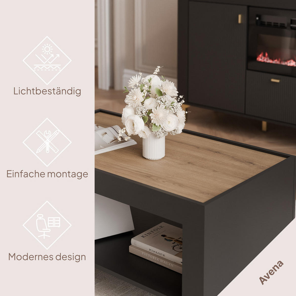 COUCHTISCH AVENA 97/56/47 cm Rechteckig, Schwarz/Eiche - Schwarz, Holzwerkstoff/Metall (56/97/47cm) - Idohome