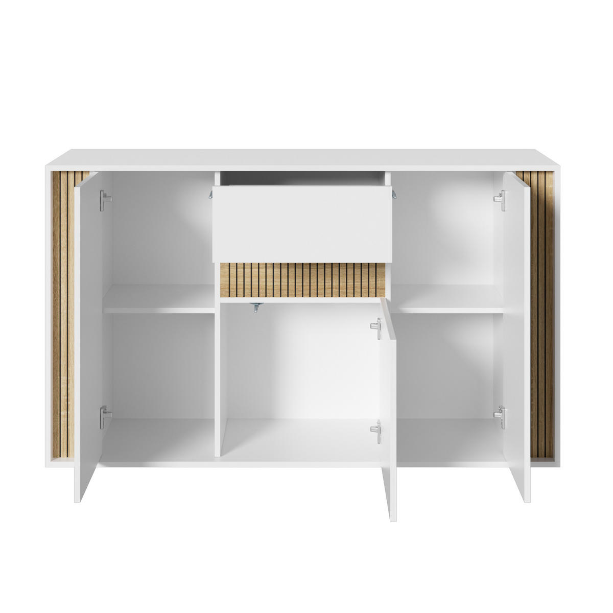 SIDEBOARD 140x40x82cm Weiß mit LED und 3 Türen - Weiß/Naturfarben, Holzwerkstoff (140/82/40cm) - FLIEKS