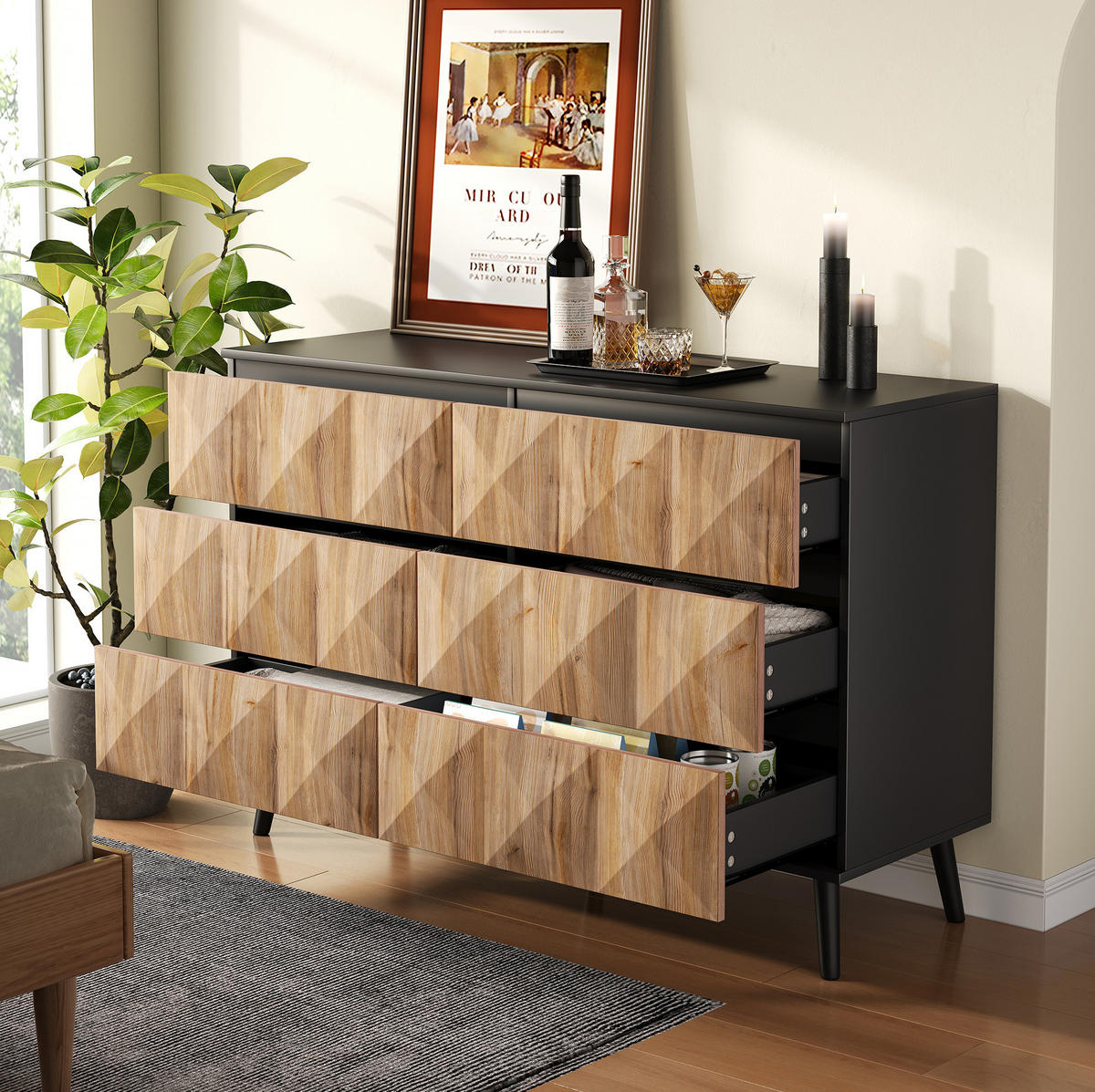 SIDEBOARD 120/40/85 cm in Schwarz/Natur mit 6 Schubladen und Metallgestell - Naturfarben, Holzwerkstoff (40/85/120cm) - Flora Grace