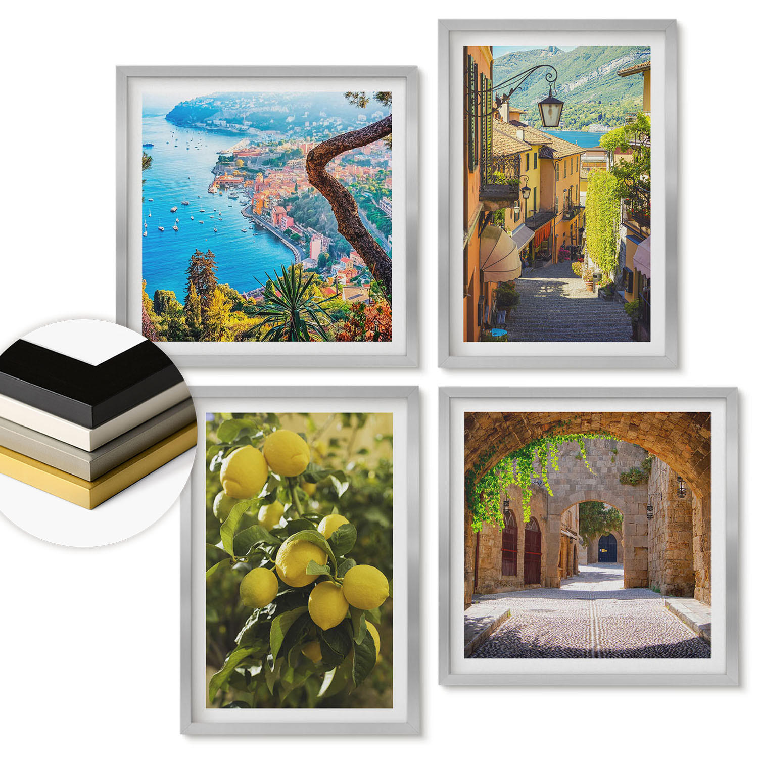 WANDBILDER 4er Set - 50x50 cm & 40x60 cm Silberner Rahmen - Straßen am Meer, ein Meer aus Zitronen - Silberfarben, Kunststoff (50/50cm) - ArtPrintCave