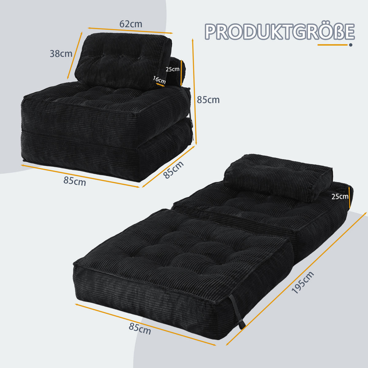 KLAPPSOFA 2-in-1，mit verstellbarer Rückenlehne, Schwarz - Schwarz, Textil (85/74.8/85cm) - Vallsero