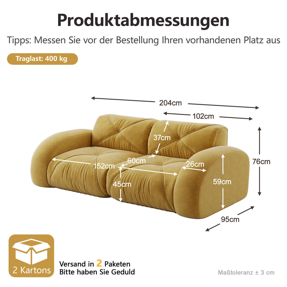 2-SITZER-SOFA DE-34276 modular Gelb - Gelb, Textil (95/76/204cm) - ComfortXL