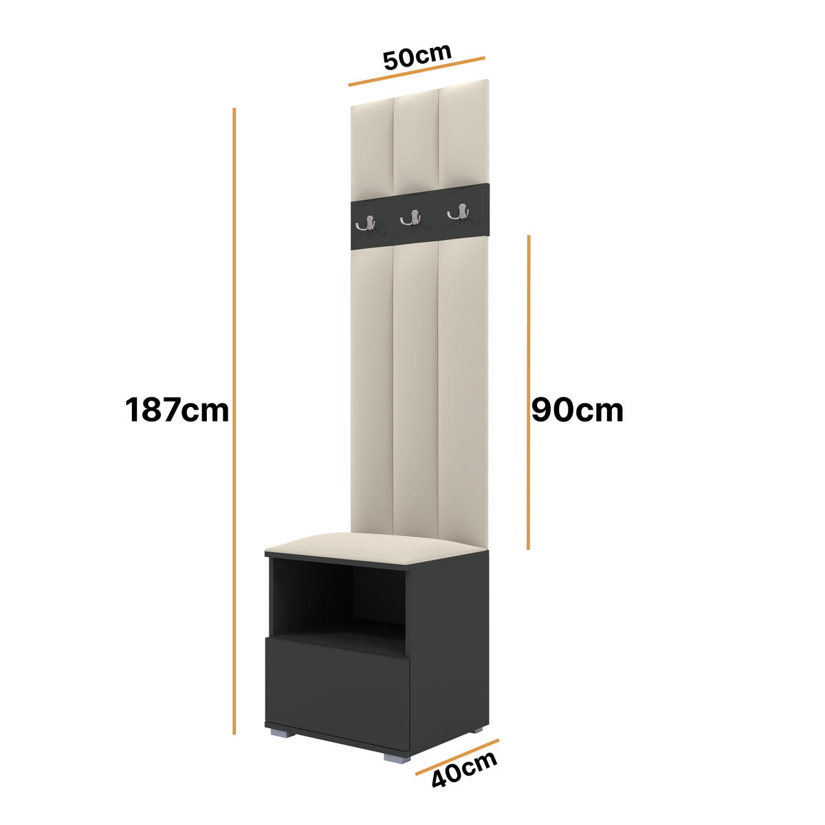 GEPOLSTERT Garderoben-Set Nela IV LUX (Farbe Graphit + Stoff Trinity 01) - Silberfarben/Creme, Holz/Holzwerkstoff (50/187/40cm) - Ravio