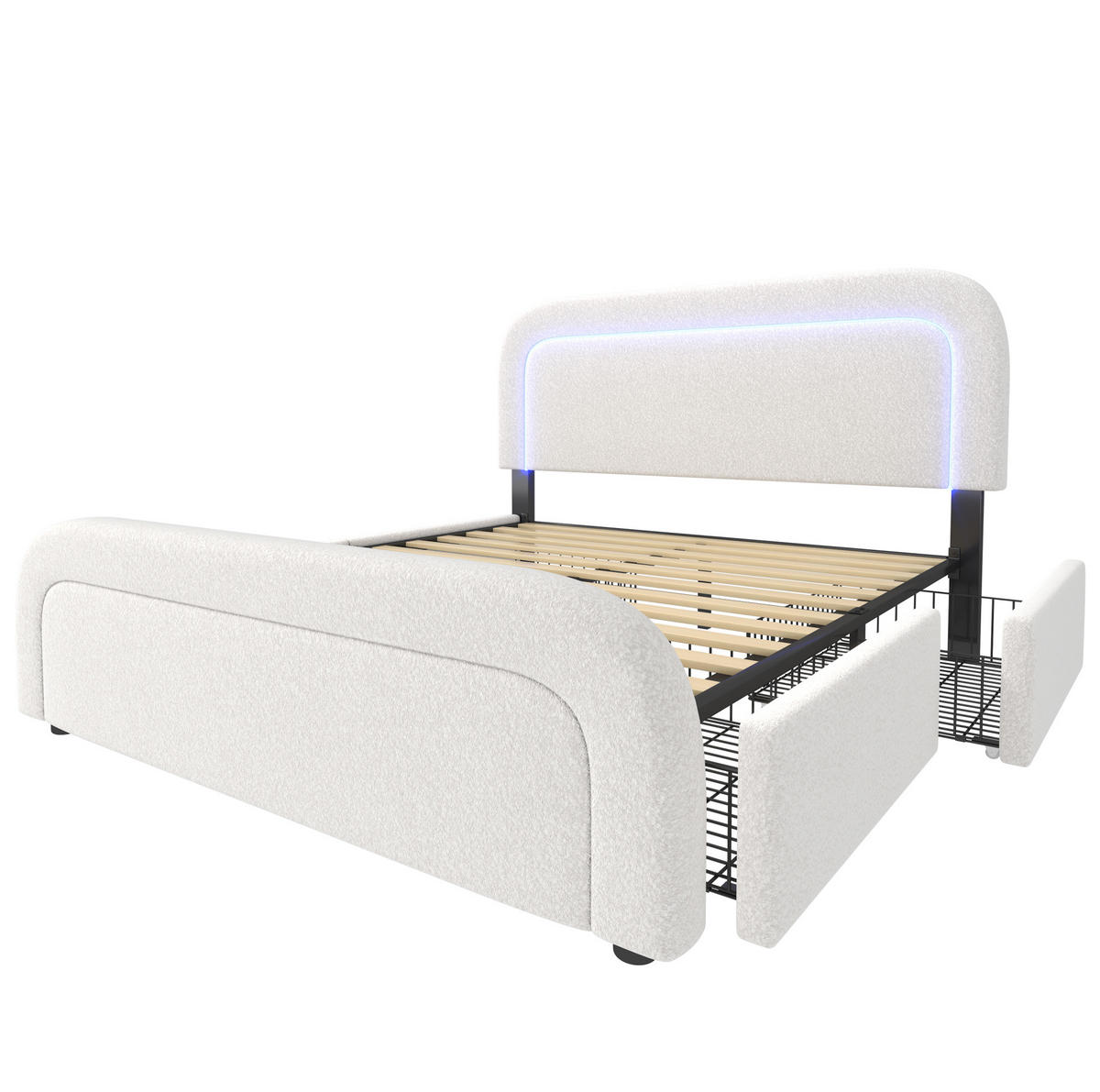 POLSTERBETT mit LED, USB und 4 Schubladen 140x200 cm Sherpa Weiß inkl. Matratze - Weiß, Metall (140/200cm) - Meubliv