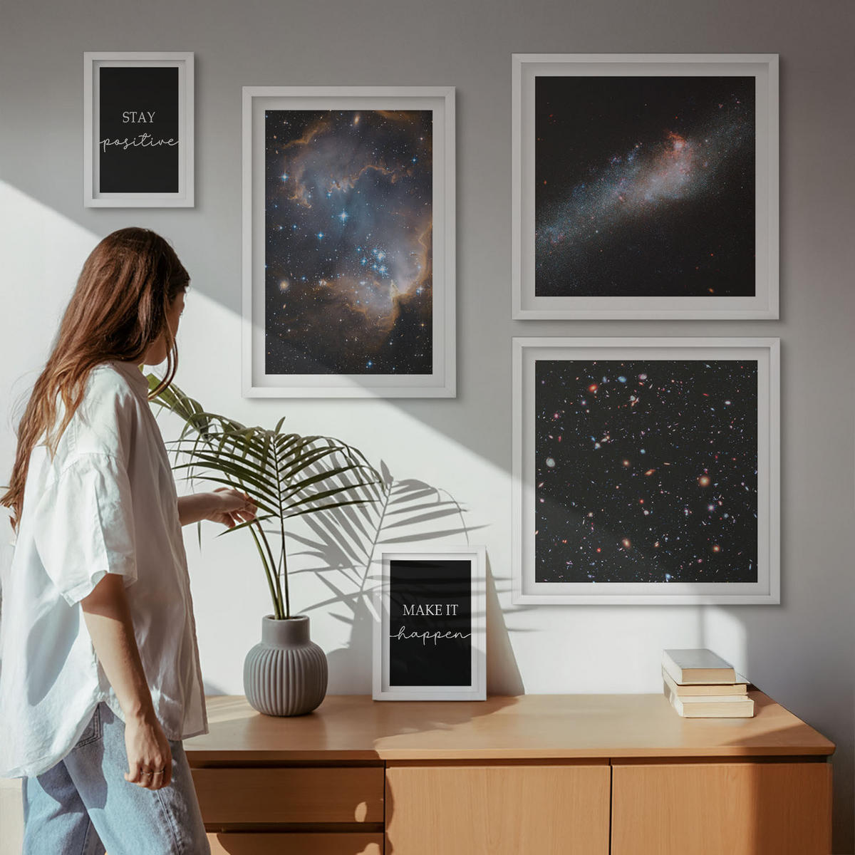 WANDBILDER 5er-Set - 50x50 cm & 20x30 cm & 40x60 cm Weißer Rahmen - Motivationsslogans Sterne Weltraum - Weiß, Kunststoff (40/60cm) - ArtPrintCave