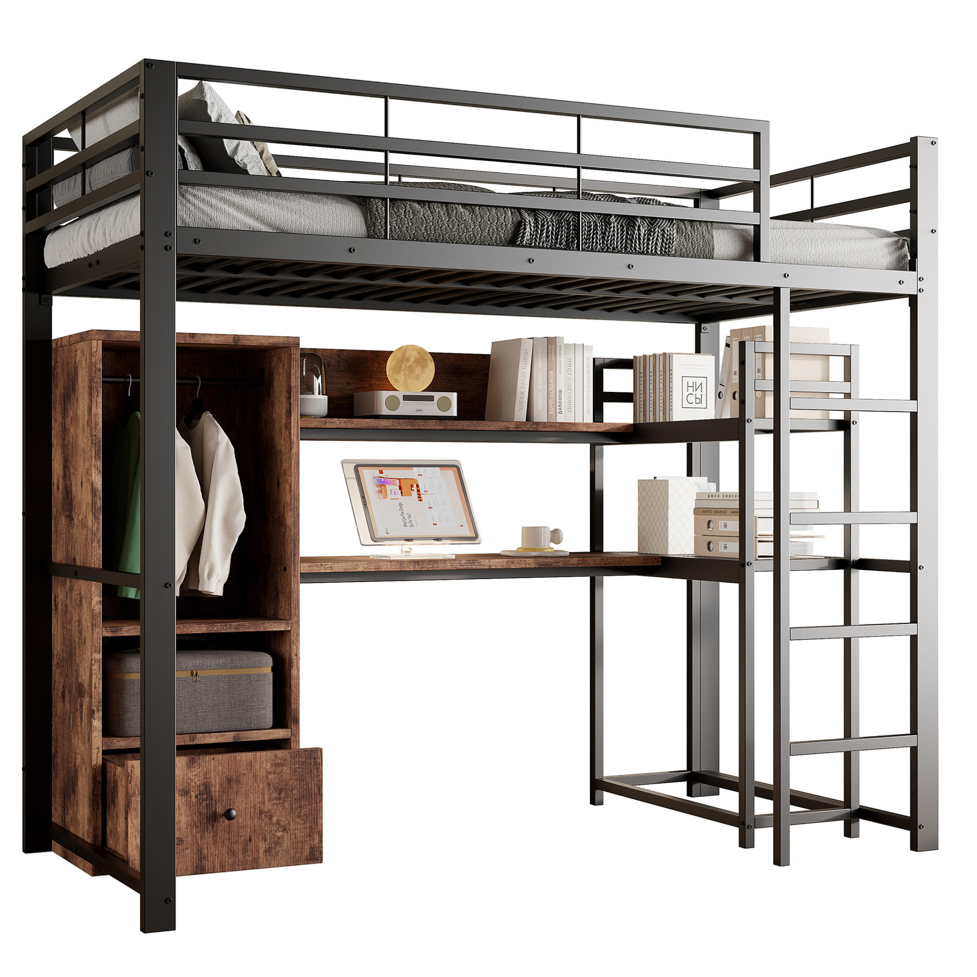 HOCHBETT 90/200 cm aus Metall und MDF mit LED-Beleuchtung, Schreibtisch und Stauraum, Schwarz - Schwarz, Holzwerkstoff (90/200cm) - Redom