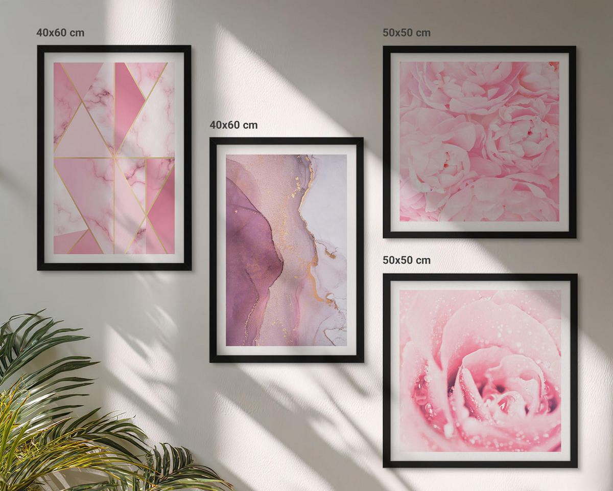WANDBILDER 4er-Set - 50x50 cm & 40x60 cm Schwarzer Rahmen - Rosa geometrische Pfingstrosen - Schwarz, Kunststoff (50/50cm) - ArtPrintCave