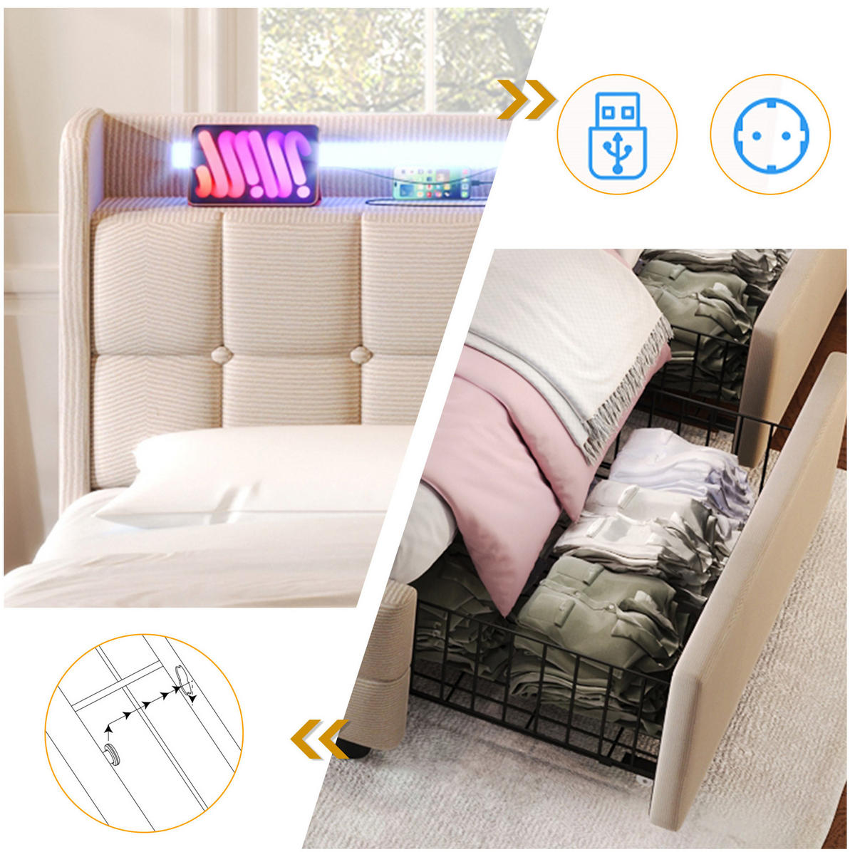 POLSTERBETT mit LED-Beleuchtung 180/200 cm mit USB und 4 Schubladen Beige - Beige, Holz (180/200cm) - BEAOK