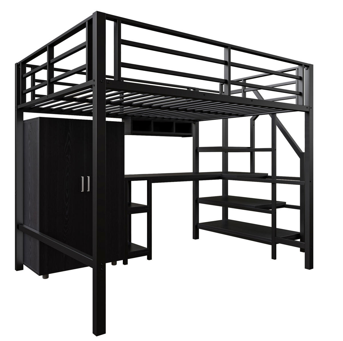 HOCHBETT aus Metall und MDF 140x200 cm Schwarz mit Kleiderschrank, Regalen, Ablageleiter und Schreibtisch - Schwarz, Metall (90/180cm) - Modfu