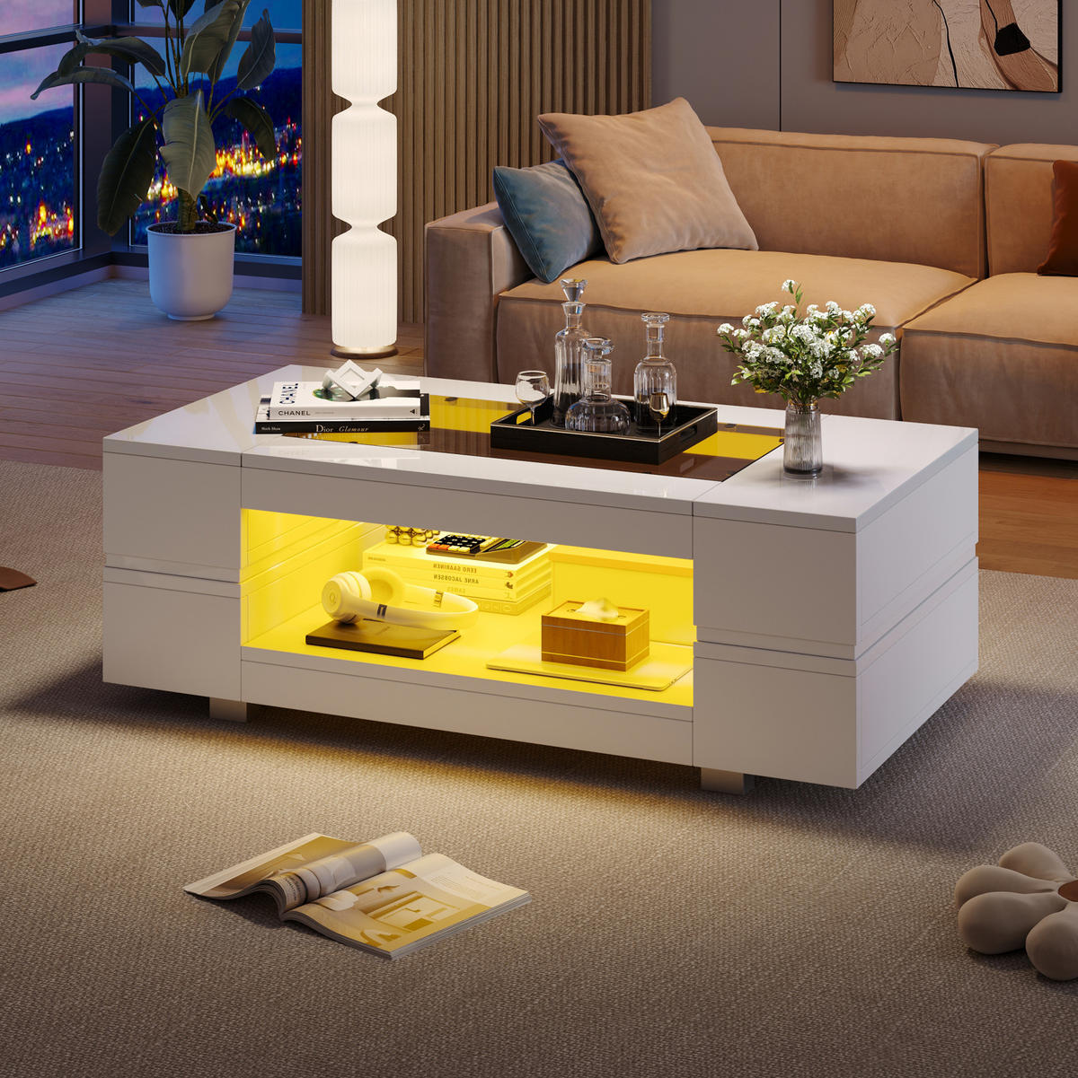 KONFERENČNÍ stolek, 100/50/35 cm bílý, s LED osvětlením a skleněnou deskou - bílá, kompozitní dřevo (100/50/35cm) - BEAOK