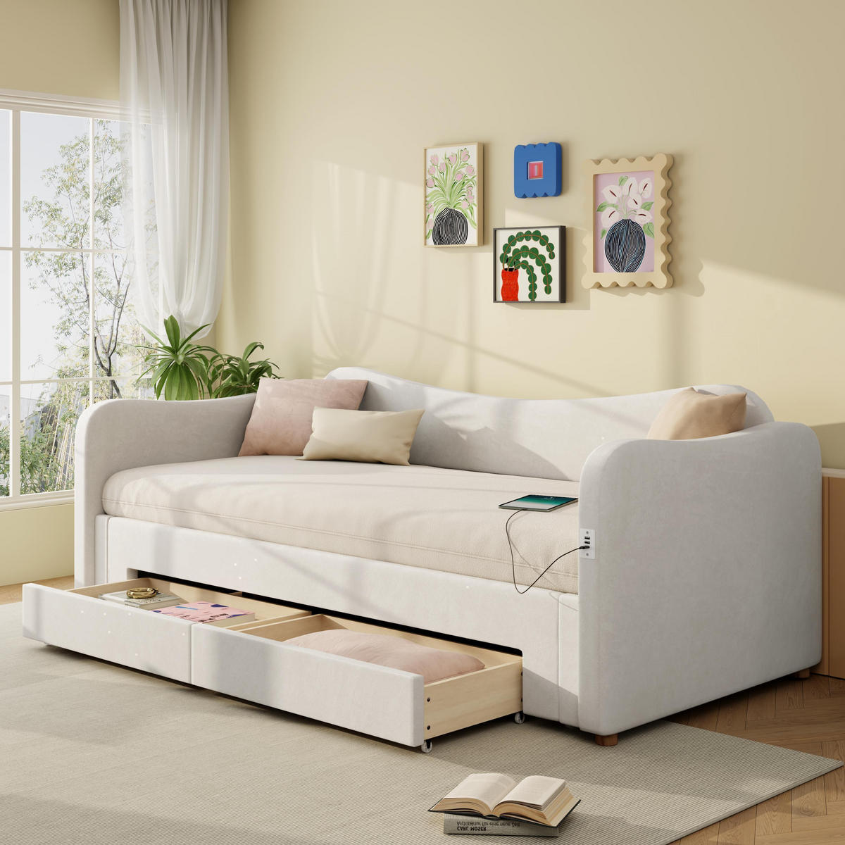 POLSTERBETT 90x200cm mit USB-Anschluss in Beige Samt - Beige, Holz/Textil (90/200cm) - KOMHTOM