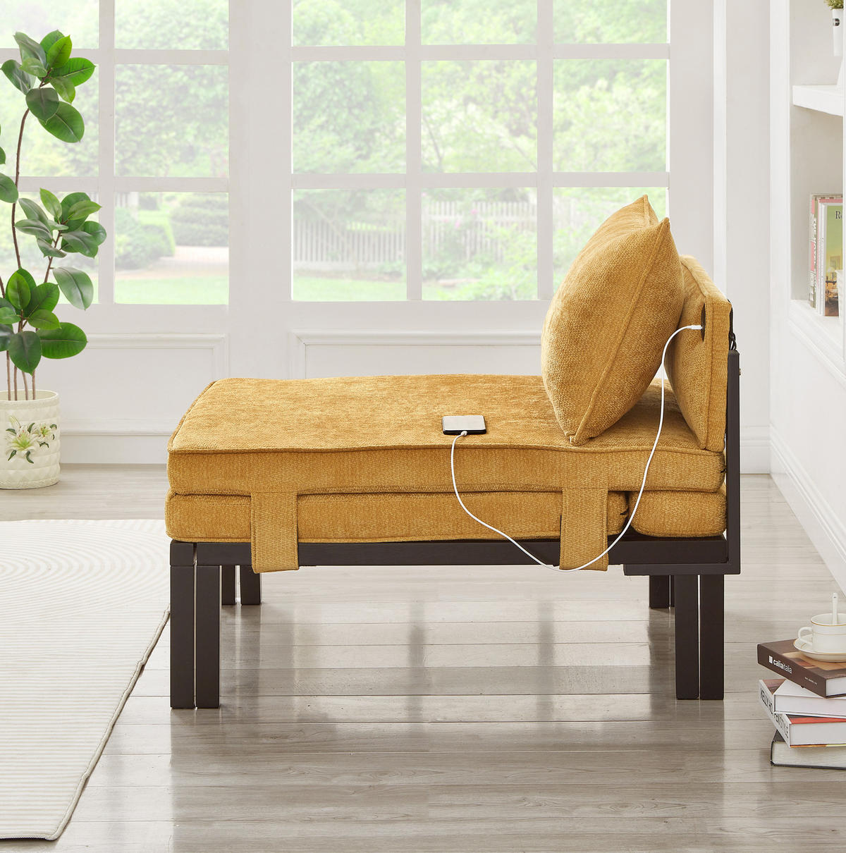 SCHLAFSESSEL aus Samt in Gelb mit USB-Type-C-Anschluss - Gelb, Textil (82.5/70/176cm) - Modfu