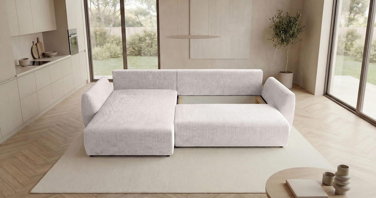 ECKSOFA SYDNEY links weiß Cord Poso 100 - Schlaffunktion, Bettkasten - Weiß, Textil (280/174cm) - Cornero