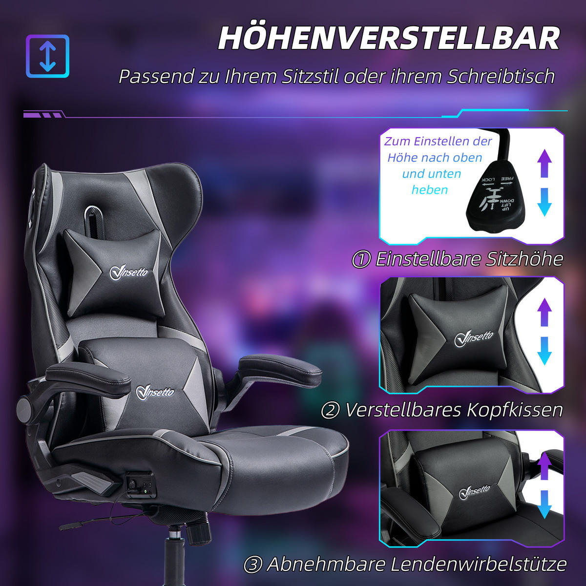 GAMING-STUHL mit Wippen- und Schaukelfunktion, Schwarz+Grau - Grau, Leder (69/118/73cm) - Vinsetto