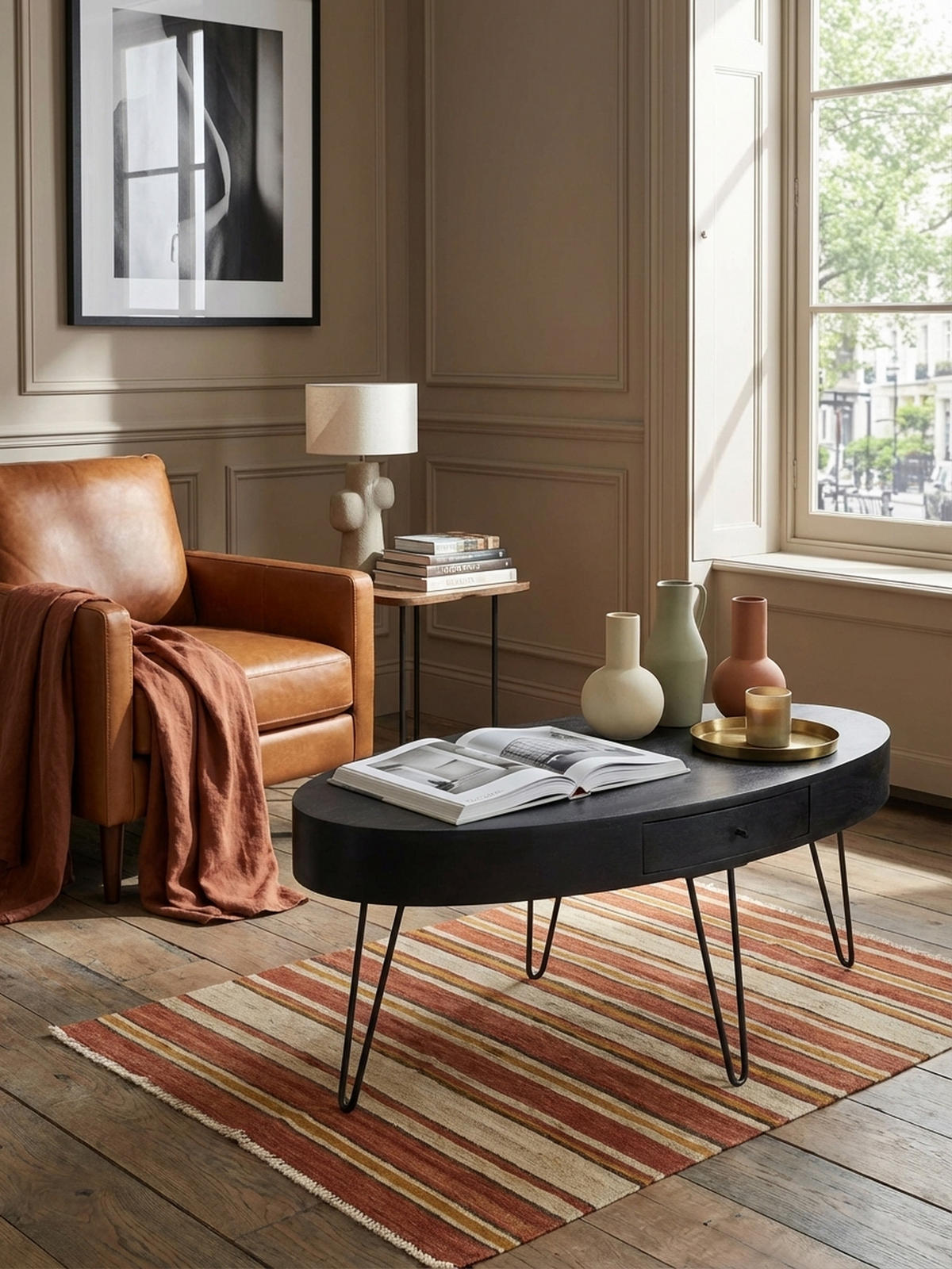 COUCHTISCH in Mango-Massivholz und Metall, 100x50x40 cm, Oval, mit Schublade, Stauraum und Haarnadelbeinen - Schwarz, Holz/Metall (50/100/40cm) - KADIMA DESIGN