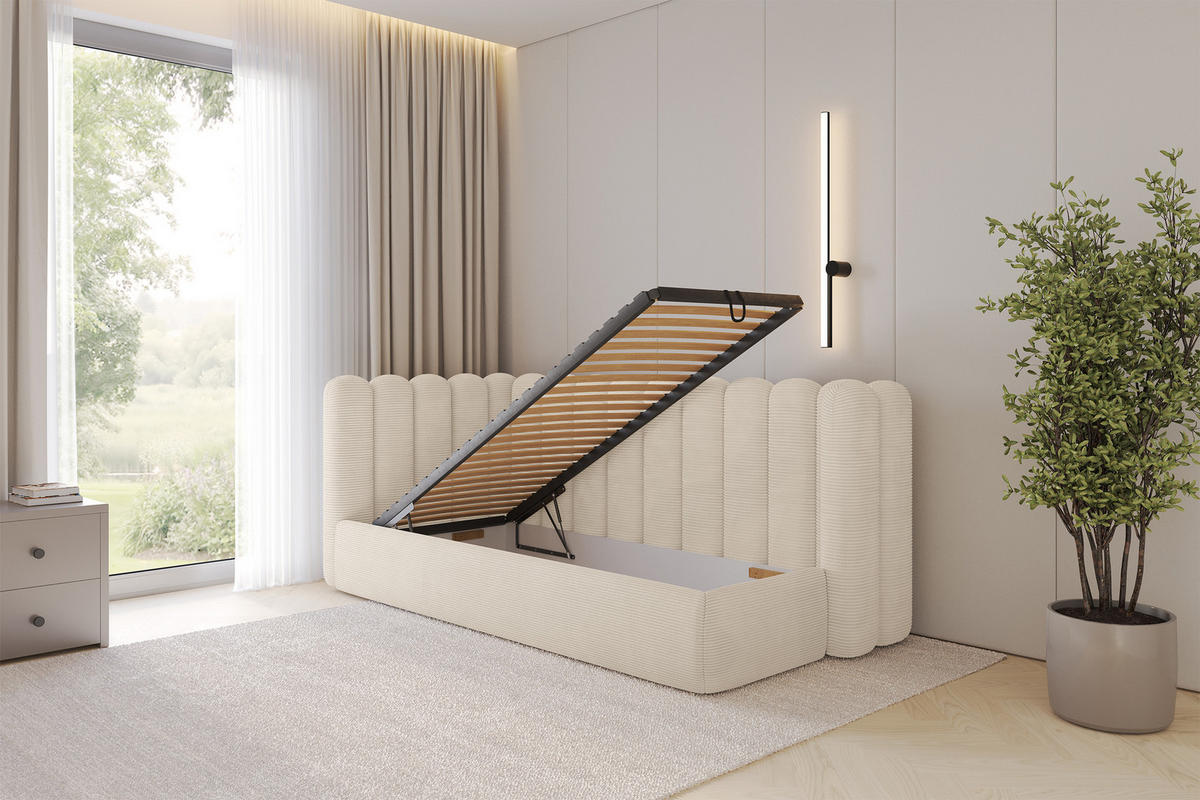 EINZELLBETT Jugendbett mit Bettkasten und Matratze H3/H4, Rechts - HUGY 80x200 Beige - Kaschmir, Holzwerkstoff/Textil (80/200cm) - ALTDECOR