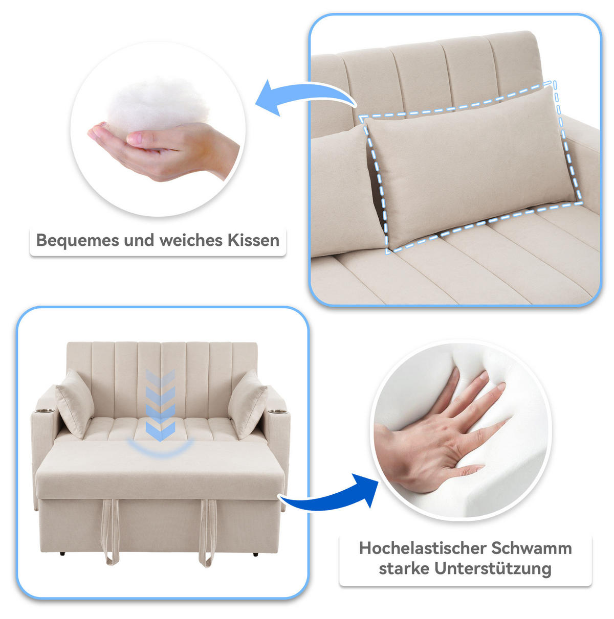 SCHLAFSOFA Baumwollstoff mit 3-fach verstellbarer Rückenlehne Beige 136/162/84 cm - Beige, Textil (84/136/162cm) - Redom