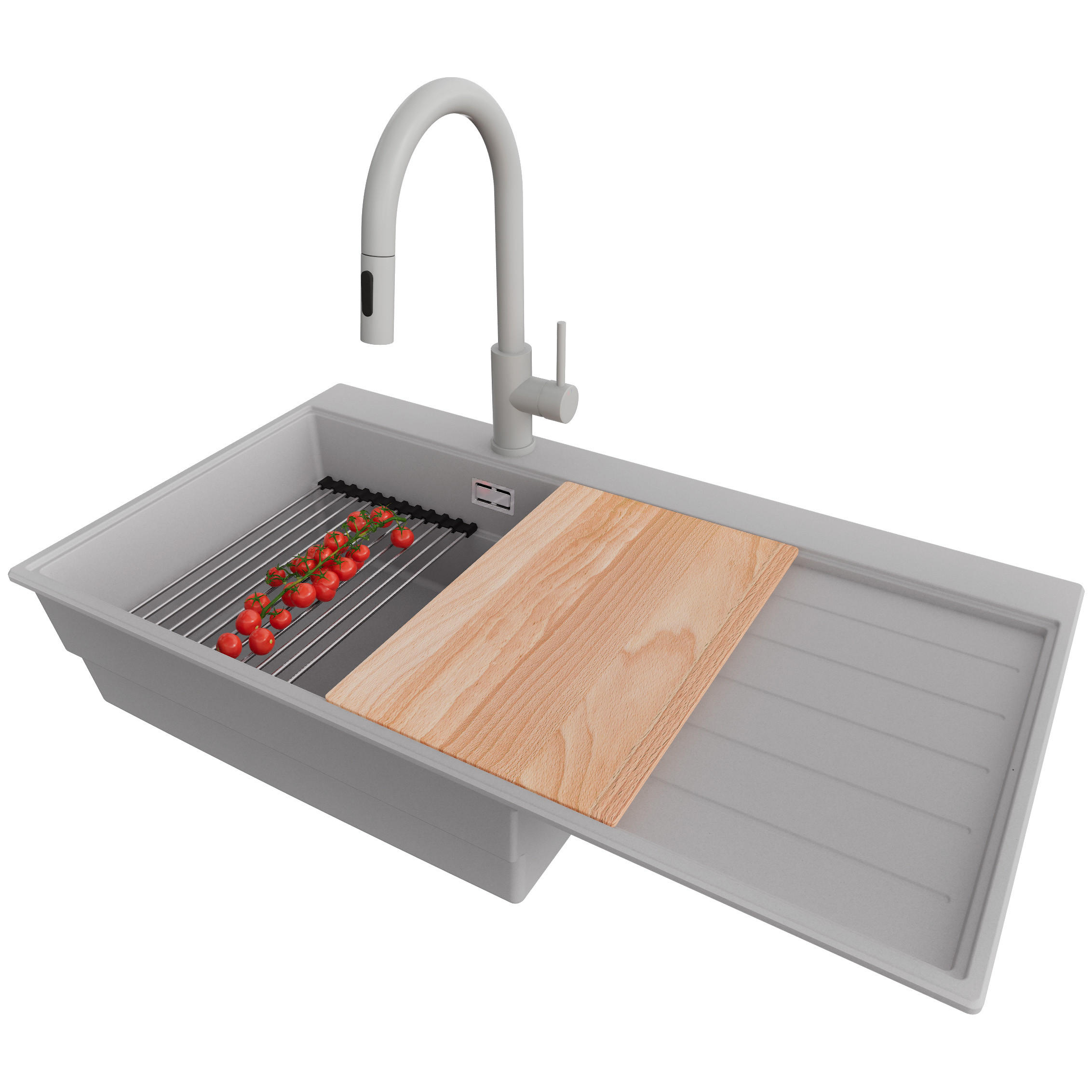 GRANITSPÜLE Sydney, 2-er set Grau 90/50 cm 1 Becken + Küchenarmatur 40/20 cm + Ablauf-Set + Küchenzubehörset ab 60er Unterschrank - Chromfarben/Beige, Kunststoff (90/20/50cm) - Primagran