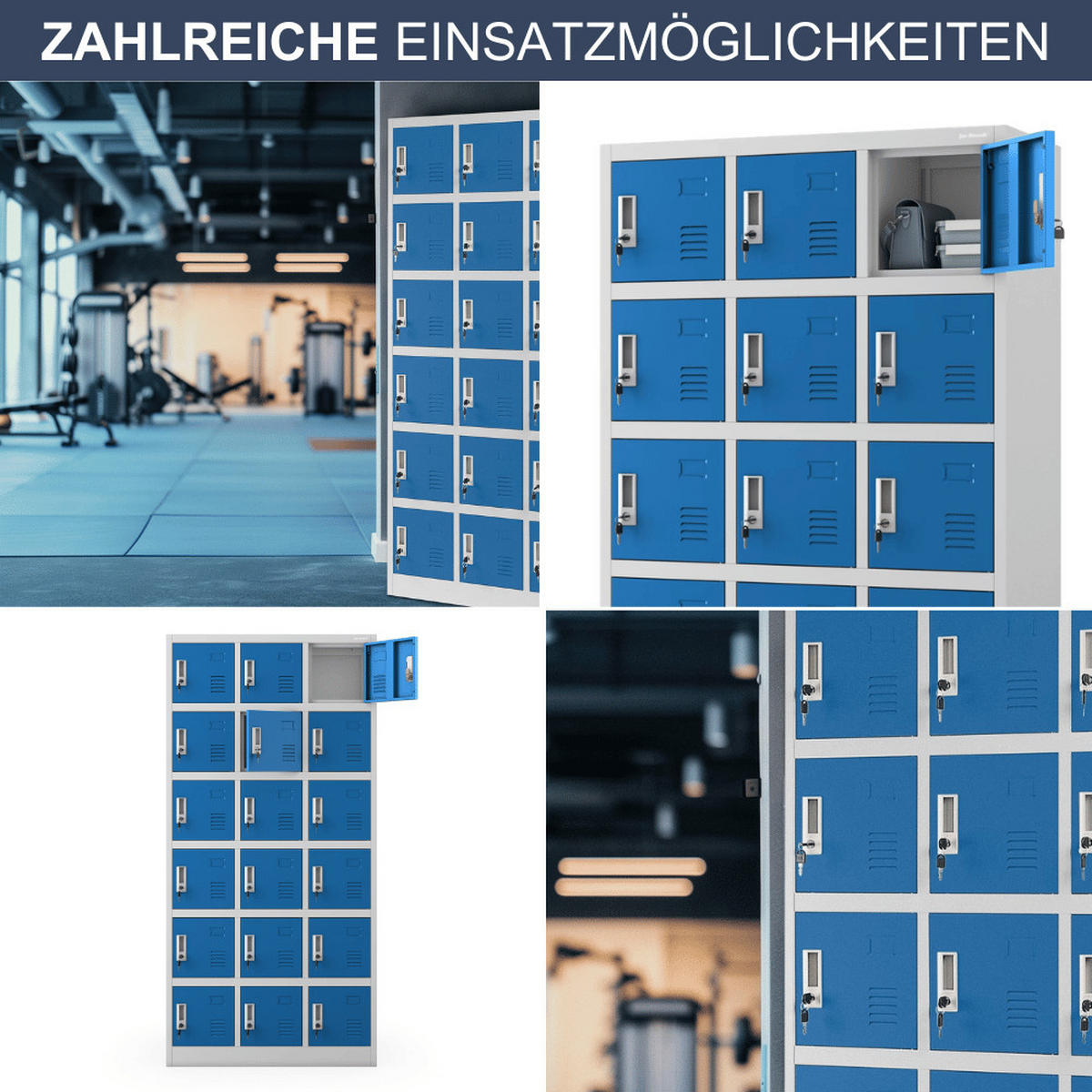 SCHLIESSFACHSCHRANK Spind BERN 18 Fächer185x90x40cm Grau-Blau - Grau, Metall (90/185/40cm) - DELUKE