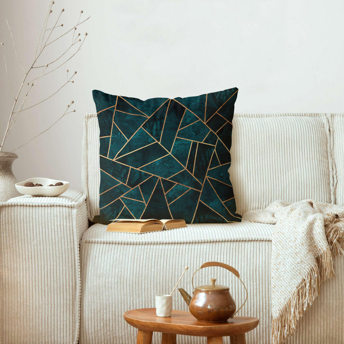 DEKOKISSEN Dunkles Türkis mit Gold 40/40 cm - Türkis, Textil (40/40/10cm) - Bilderwelten