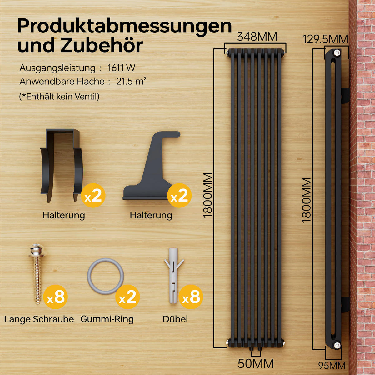 HEIZKÖRPER D-Profil Vertikal Mittelanschluss Anthrazit 180/34,8 cm - Anthrazit, Metall (35/180/10cm) - EMKE