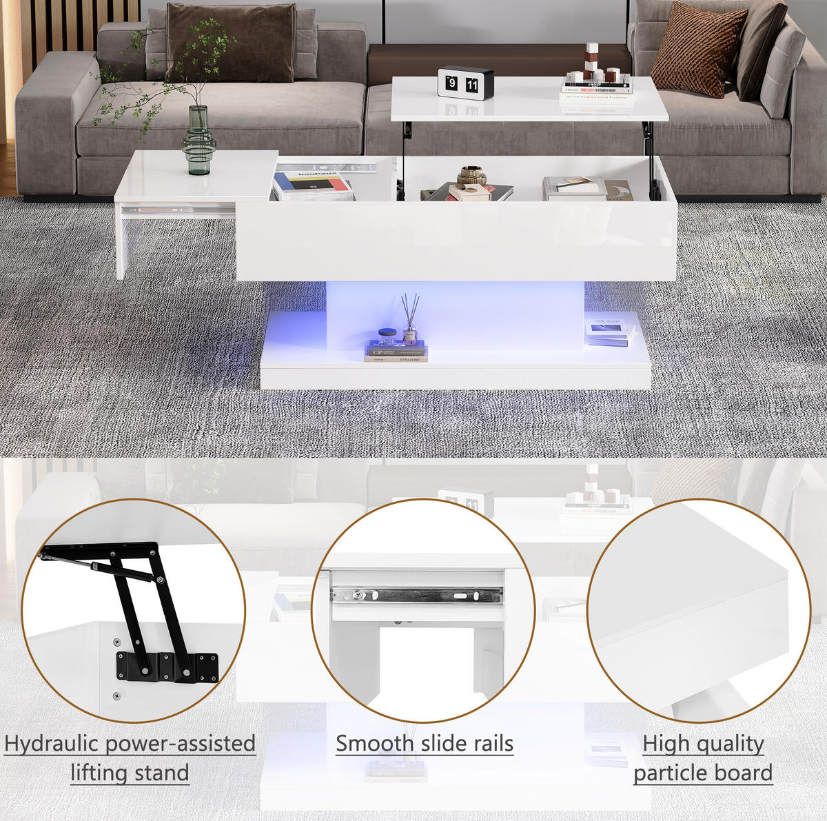 COUCHTISCH 100/50/45 cm weiß aus Spanplatte mit LED-Beleuchtung und Stauraum - Weiß, Holzwerkstoff (100/50/45cm) - OKMYHOME