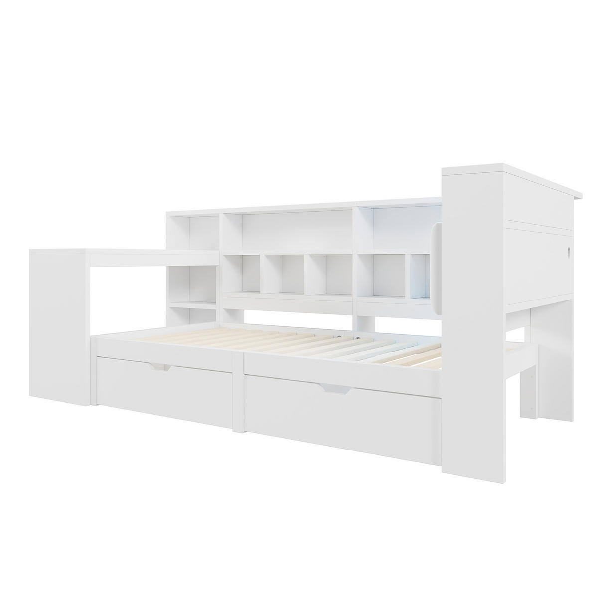 BETT 90/200 cm in Weiß mit Schreibtisch, Regal und LED-Beleuchtung - Weiß, Holzwerkstoff (90/200cm) - Flora Grace