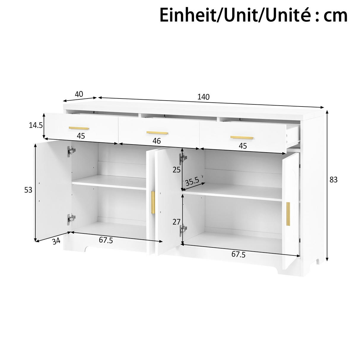 SIDEBOARD Weiß 4 Türen 3 Schubladen Gold Griffe MDF - Weiß, Holzwerkstoff (140/83/40cm) - FLIEKS