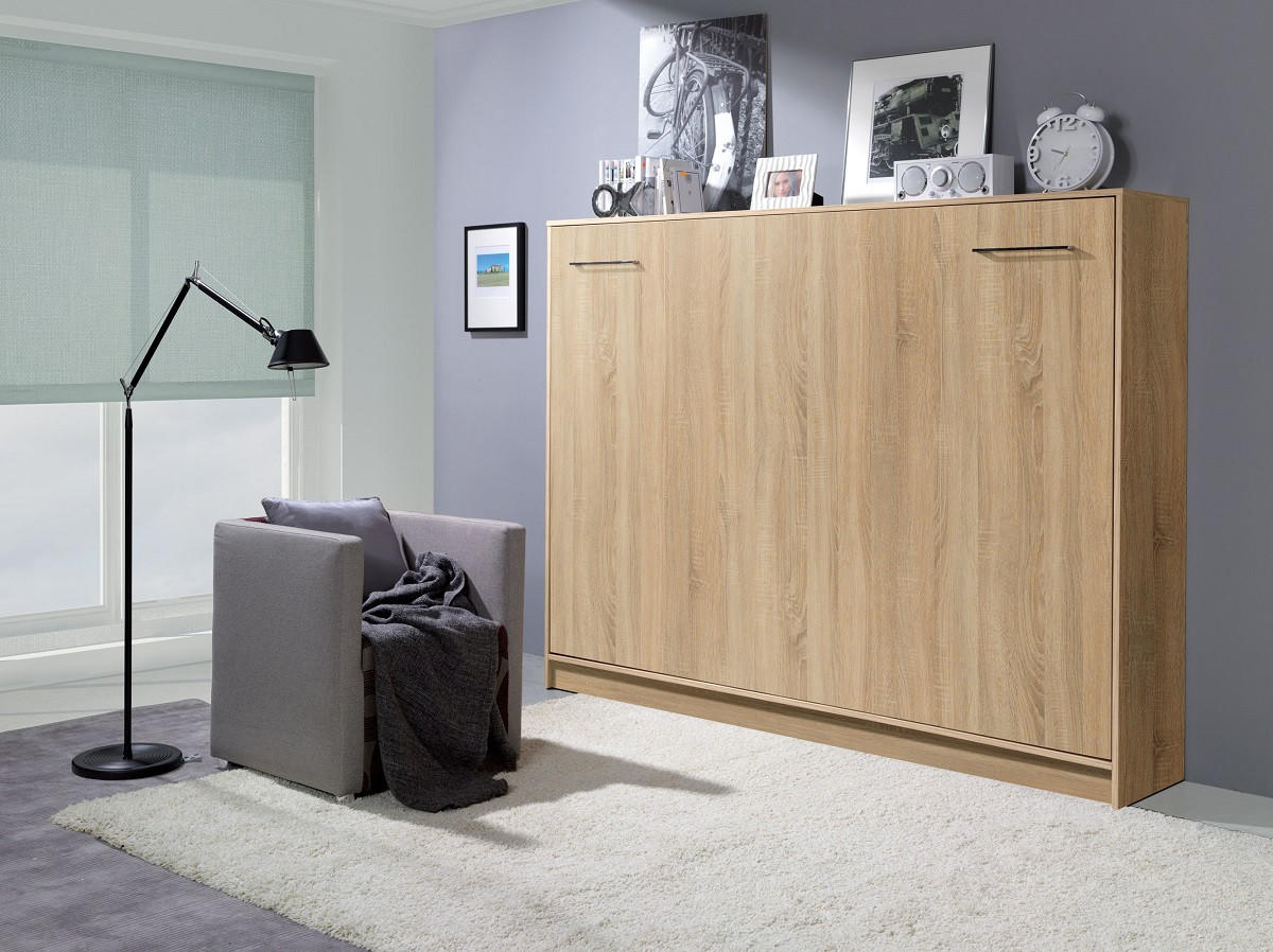 SCHRANKBETT Wandklappbett horizontal HB 140x200 - Eiche Sonoma - Eichefarben, Holzwerkstoff (140/200cm) - QMM TraumMöbel