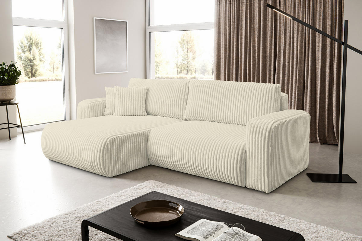 ECKSOFA Tilly, Eckcouch in L-Form mit Schlaffunktion und Bettkasten, Farbe: Beige, Cordstoff, Ottomane Universal - Beige, Textil (244/142cm) - VENASI MÖBEL