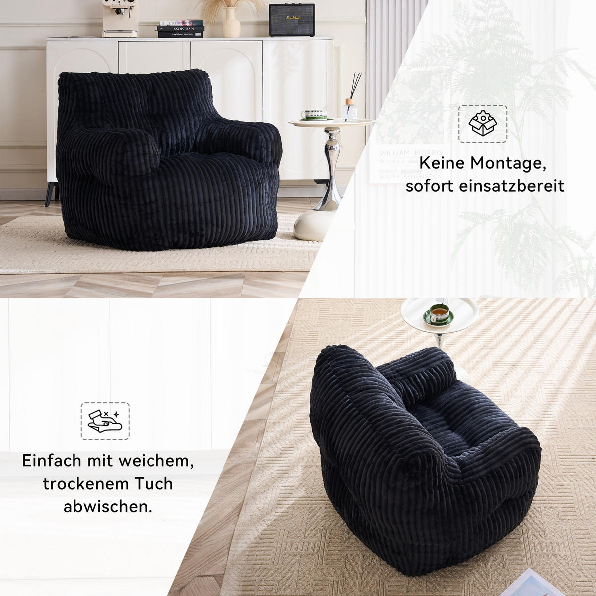 SOFA,1 Sitzer Sofa,Schwarz Cordbezug, Relaxsessel Schaumstoff-Sitzsack - Schwarz, Textil (100/70/94cm) - PARAFTA HOME