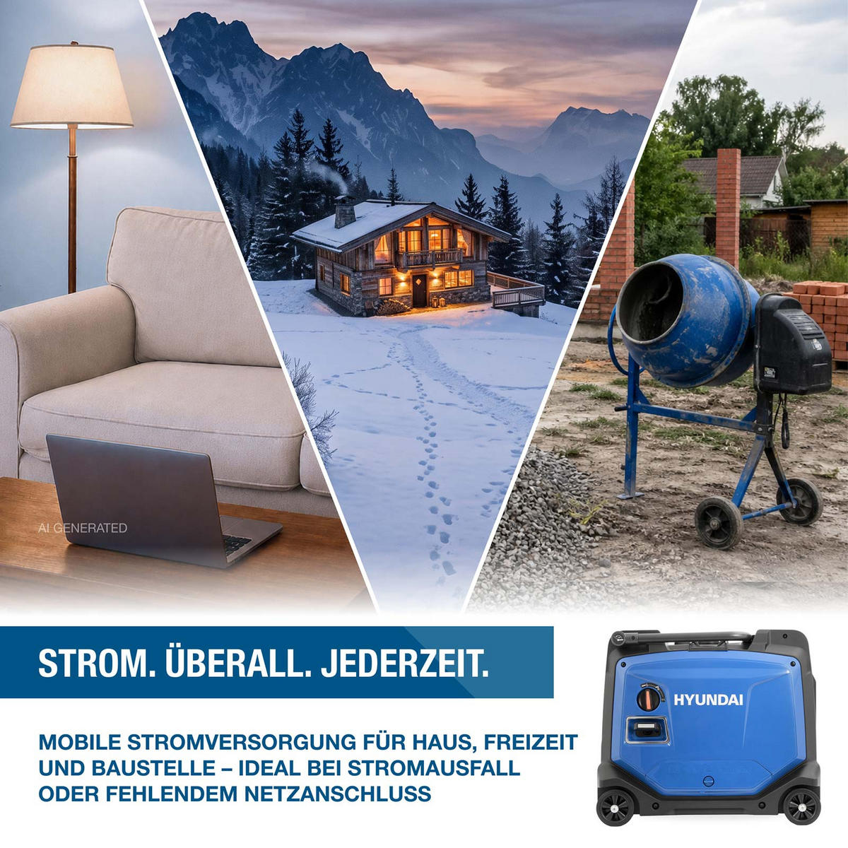 HYUNDAI Inverter Stromerzeuger HY5501SEi 5,5 kW Benzin Stromgenerator mit E-Start, 5,0 kW Dauerleistung, 230 V, 12 V, USB, Notstromaggregat - Blau, Metall (60/40/53cm) - HYUNDAI