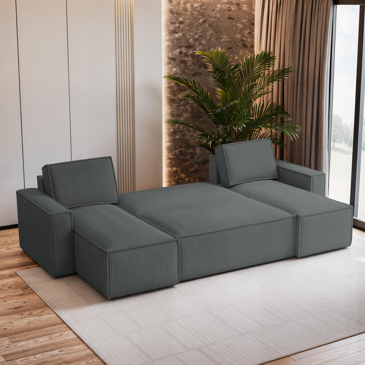 WOHNLANDSCHAFT PESANO P Grau Kordstoff mit Schlaffunktion - Grau, Holz (306/85/140cm) - MASSENO