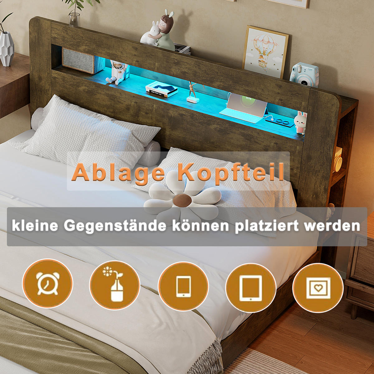 BETT 140/200 cm in Vintage-Holz mit Stauraum, LED und Steckdosen - Nussbaumfarben, Holz/Holzwerkstoff (140/200cm) - WISHDOR