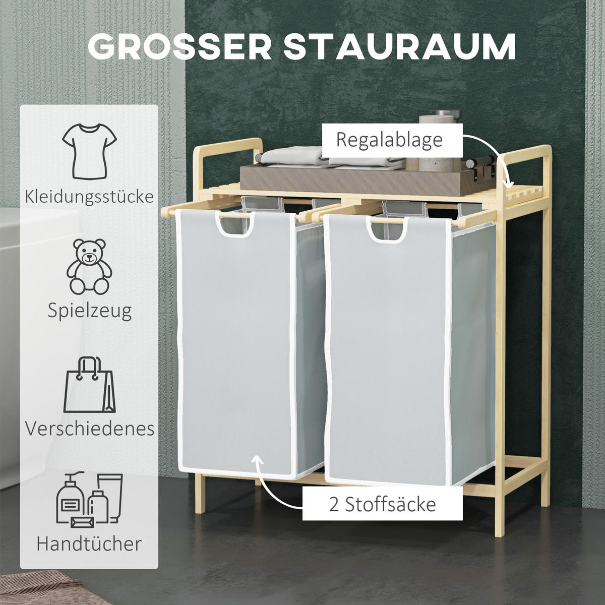 WÄSCHEKORB Bambus Polyester Natur+Creme - Creme/Naturfarben, Naturmaterialien (33/73/63.5cm) - HOMCOM