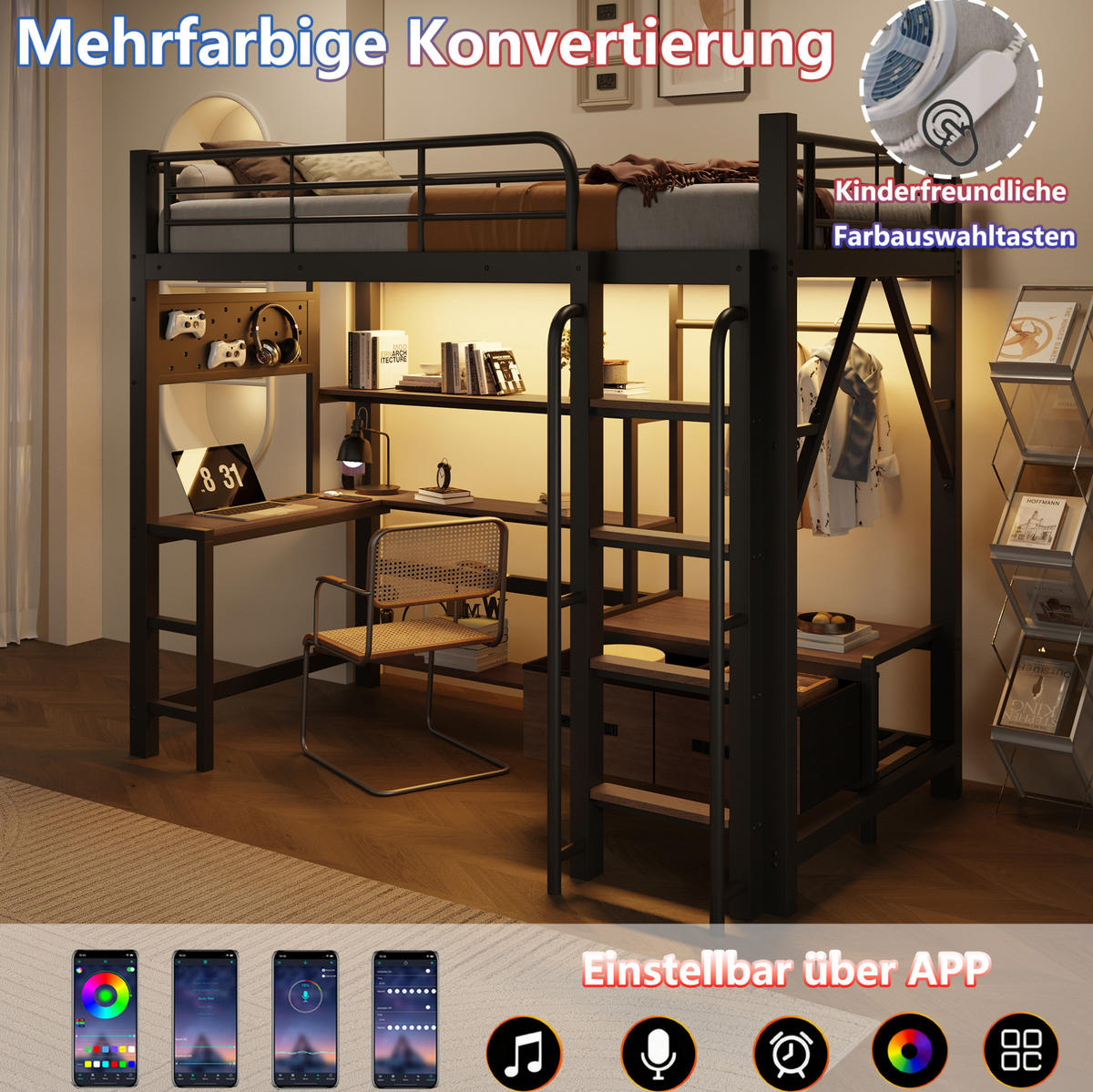 HOCHBETT aus Stahl und MDF 90x200 cm Schwarz mit Schreibtisch, LED-Beleuchtung und Stauraum - Schwarz, Holzwerkstoff (90/200cm) - Modfu