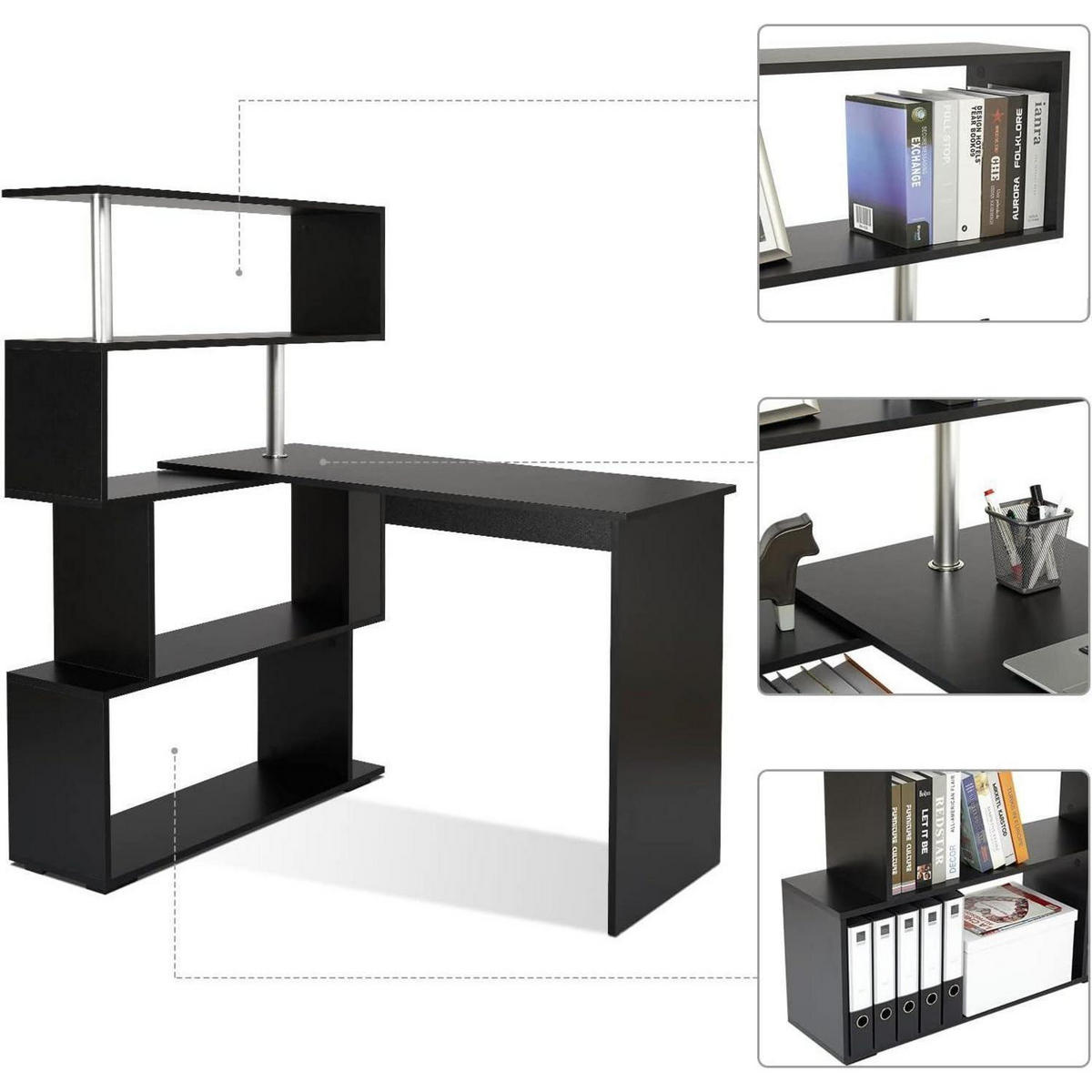 COMPUTERTISCH L-förmig mit drehbarem Bücherregal Schwarz 157 x 45 x 130,5 cm - Schwarz, Holzwerkstoff (45/157/130.5cm)