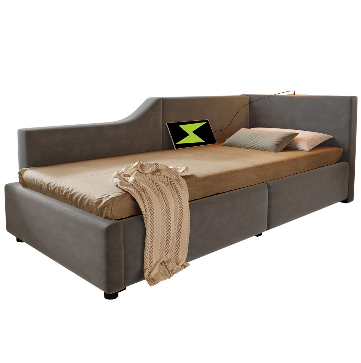 SAMT-POLSTERBETT 90/200 cm mit Bettkasten, USB-C und Leselicht in Grau - Grau, Textil (90/200cm) - BEAOK