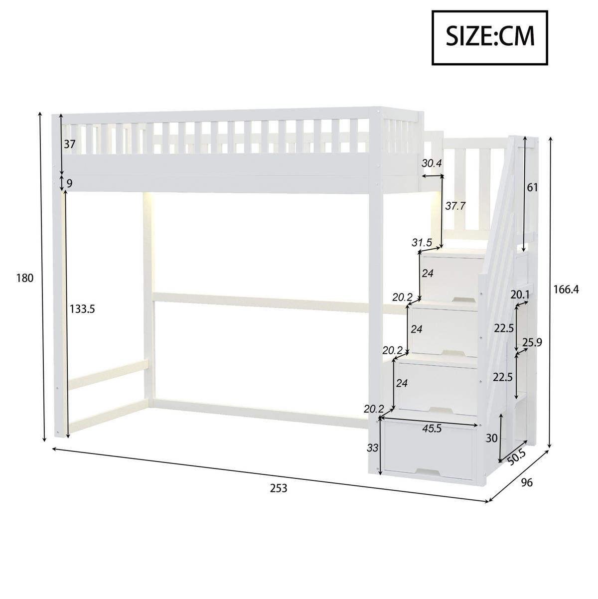 HOCHBETT 90x200 cm in Weiß und Holzfarbe mit Stauraumtreppe und LED-Beleuchtung - Weiß, Holz (90/200cm) - IVMEU