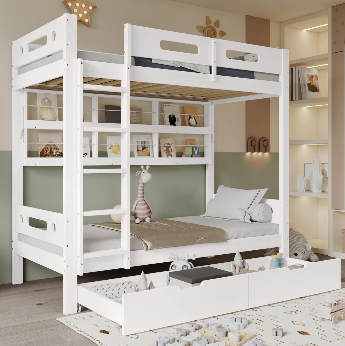 ETAGENBETT 90/200 cm Weiß/Natur mit offenem Regal und 2 Schubladen - Weiß, Holz (90/200cm) - MIVRAY