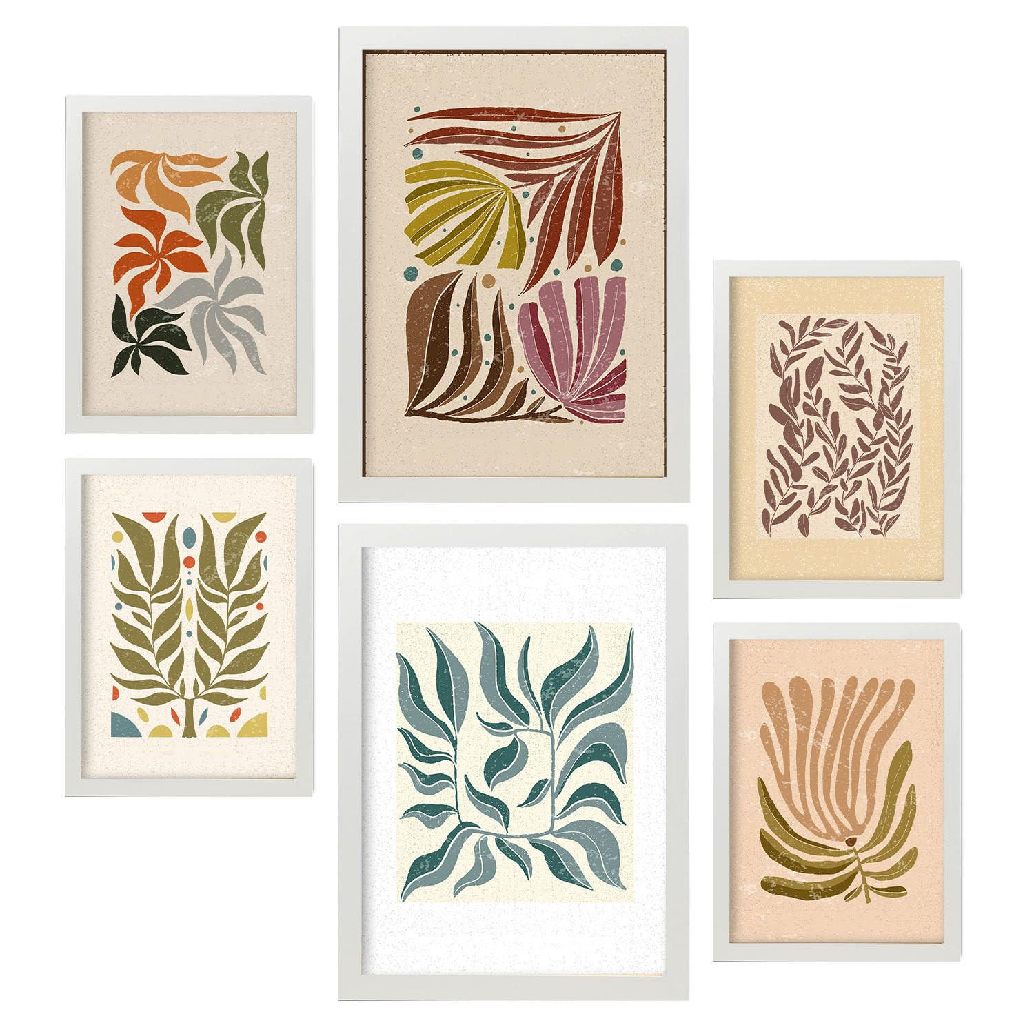 POSTER Set Mit 6 Drucken Von Blättern In Der Sammlung Ethnischer Ästhetische Dekorative Rahmen Für Ihr Zuhause Wandkunstdruck A3 & A4 Weißer Rahmen - Weiß, Papier (29/3cm) - Nacnic