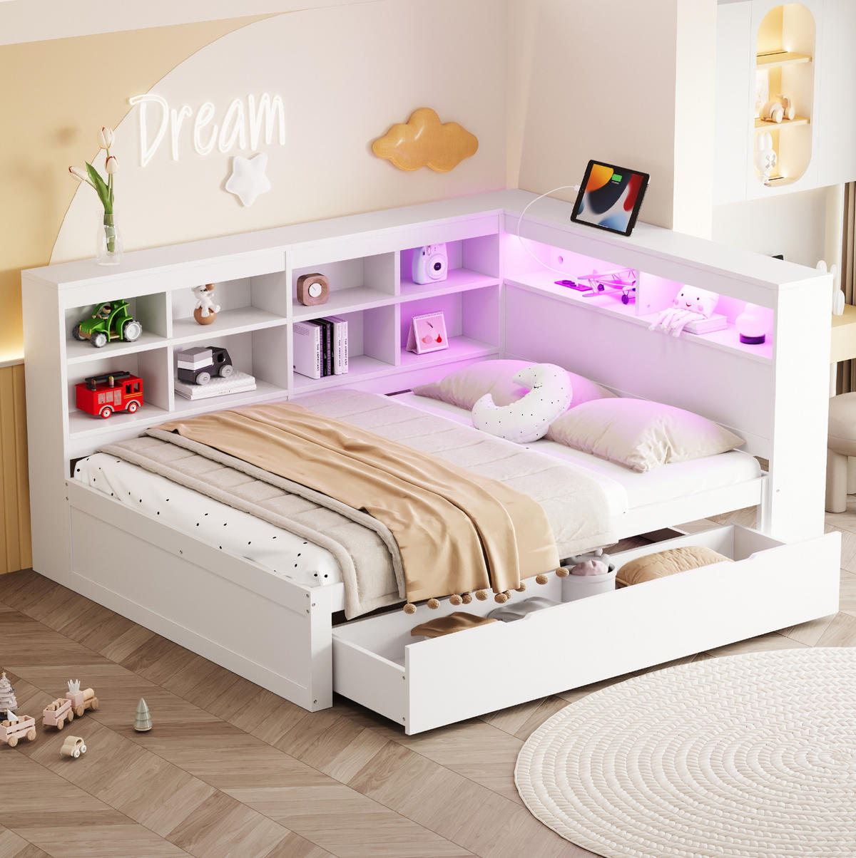 BETT 140/200 cm mit USB und LED, Weiß - Weiß, Holz (140/200cm) - OKMYHOME