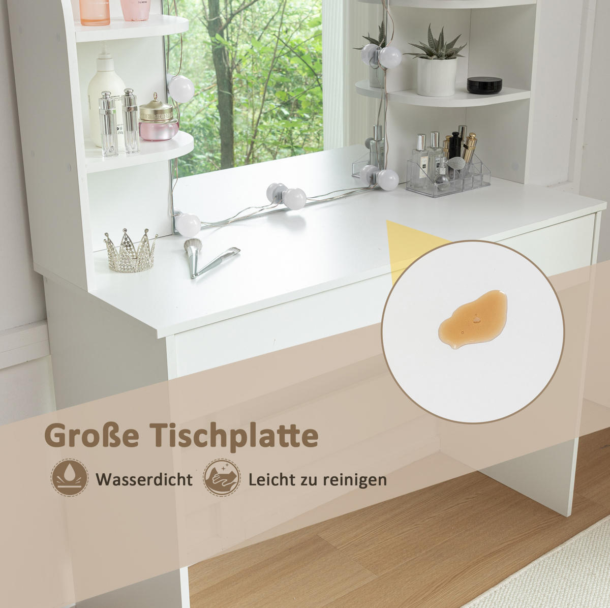 SCHMINKTISCH 40/105/130 cm Weiß aus MDF mit LED-Beleuchtung und Hocker - Weiß, Holzwerkstoff (40/130/105cm) - OKWISH