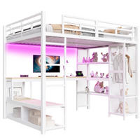 HOCHBETT 140/200 cm aus Metall und MDF mit Schreibtisch, offenem Kleiderschrank, USB und LED-Beleuchtung, Weiß - Weiß, Holzwerkstoff (140/200cm) - Redom